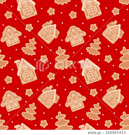 Christmas seamless pattern with gingerbread houses, fir trees, stars and snowflakes. Festive red background, vector 108985453