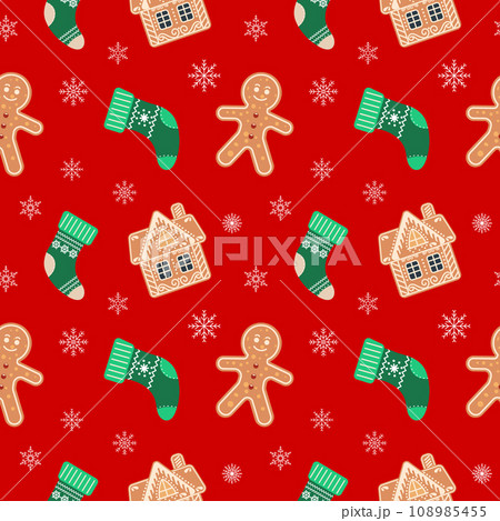 Christmas seamless pattern with gingerbread men, houses, snowflakes and socks. Festive red background, vector 108985455