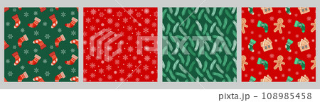 Collection of Christmas seamless patterns with gingerbread men, houses, snowflakes, Christmas candies and socks. Set of holiday backgrounds, vector Collection of Christmas seamless patterns with gingerbread men, houses, snowflakes, Christmas candies and socks. Set of holiday backgrounds, vector 108985458