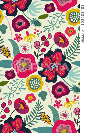 Vector seamless pattern with bright flowers and leaves. Endless floral background 108985485
