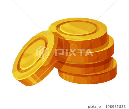 Gold coins pile, treasure, money game asset adventure or pirates in cartoon style, shiny money heap isolated on white background. 108985828