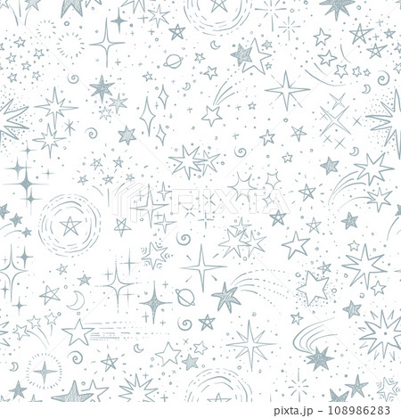 Seamless background with grey blue doodle stars on white. Can be used for wallpaper, pattern fills, textile, web page background, surface textures. 108986283