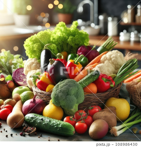 Composition with assorted organic vegetables and fruits 108986430