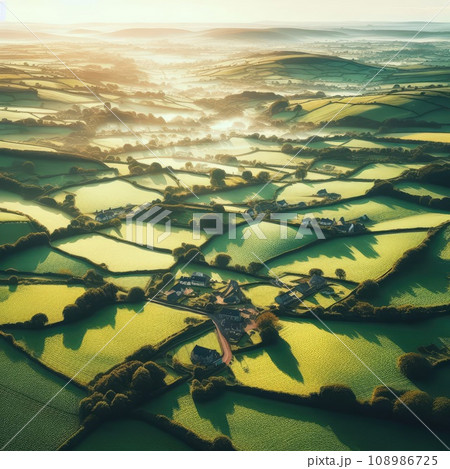 Aerial view of endless lush pastures and farmlands of Ireland. countryside with fields and meadows. 108986725