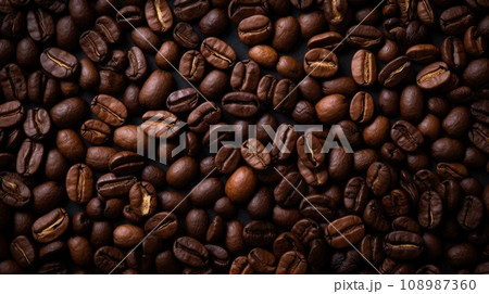 Coffee beans on dark background, top view Coffee beans on dark background, top view 108987360