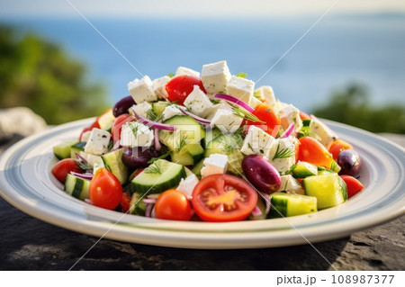 Greek salad with tomatoes, cucumbers, white feta cheese, olives and the sea in the background Greek salad with tomatoes, cucumbers, white feta cheese, olives and the sea in the background 108987377