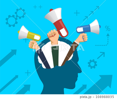 Hands with megaphones from a human head. Hands with megaphones from a human head. 108988035