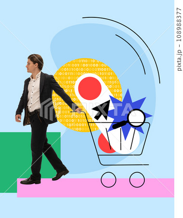 Online shopping. Young man, programmer working on software development for comfortable internet purchases. Contemporary art collage. 108988377
