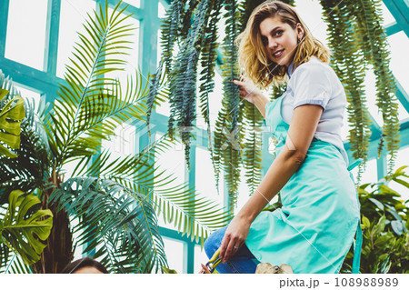 Portrait of multicultural colleagues cooperating during work in greenhouse while carrying about plants 108988989