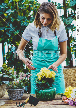 Positive female florist in apron taking care about flowers  108989150