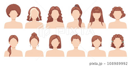 Woman hairstyles. Female haircuts. Trendy long and short loose hair. Brunette girls heads. Curly, wavy and straight hairdo types. Glamour tails and bunches. Beauty salon. Recent vector set Woman hairstyles. Female haircuts. Trendy long and short loose hair. Brunette girls heads. Curly, wavy and straight hairdo types. Glamour tails and bunches. Beauty salon. Recent vector set 108989992
