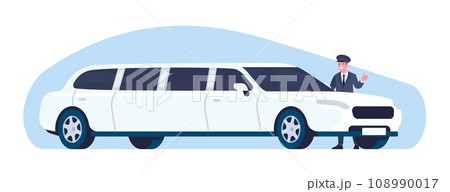 Driver standing next to limo. Car driving. Luxury automobile. Chauffeur in uniform. Auto transportation. Expensive vehicle. White limousine for wedding. VIP transport. Vector concept Driver standing next to limo. Car driving. Luxury automobile. Chauffeur in uniform. Auto transportation. Expensive vehicle. White limousine for wedding. VIP transport. Vector concept 108990017