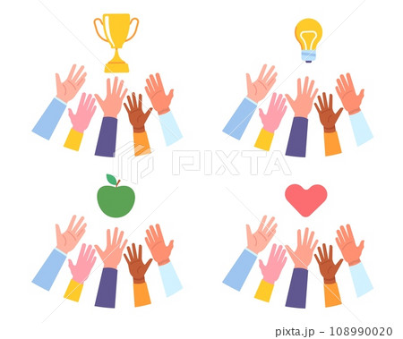 Different hands that reach for award cup and love heart. Apple or light bulb. Idea lamp. Human gestures. Seeking for goal. Career ambitions. Aiming for insight. Raised arms vector set Different hands that reach for award cup and love heart. Apple or light bulb. Idea lamp. Human gestures. Seeking for goal. Career ambitions. Aiming for insight. Raised arms vector set 108990020
