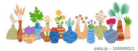 Ceramic vases with flowers. Bouquets in decorative ceramics. Interior pottery. Modern flowerpot shapes. Porcelain jug. Clay amphora. Palm leaves and blossoms. Recent vector concept 108990022