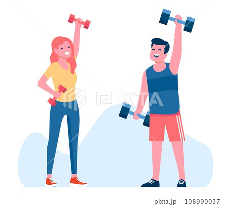 Athletic guy and girl doing workout with dumbbells. Active happy couple sport training. Fitness exercise. Healthy lifestyle. People in sportswear. Athletes weightlifting. Vector concept 108990037