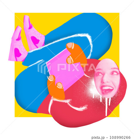 Young smiling woman working on laptop, making social media posts. Online marketing, influencer. Contemporary art collage. 108990266