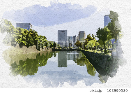 水彩画風　東京皇居外苑　凱旋濠　東京都千代田区 108990580