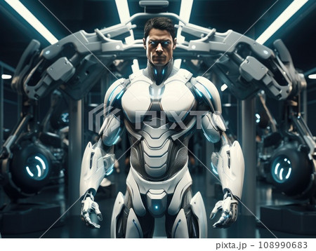 Portrait of serious man with glowing eyes in futuristic robotic suit looking at camera while standing against modern gym 108990683