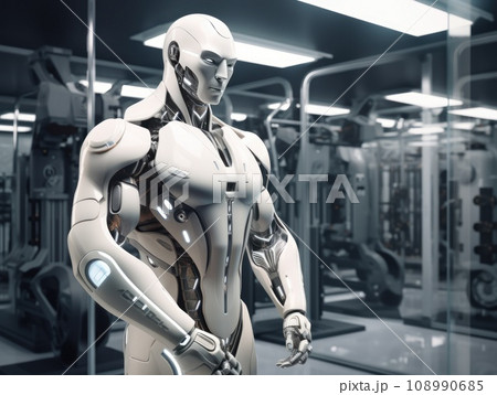 Futuristic android robot cyborg in white suit standing in illuminated modern room of building Futuristic android robot cyborg in white suit standing in illuminated modern room of building 108990685