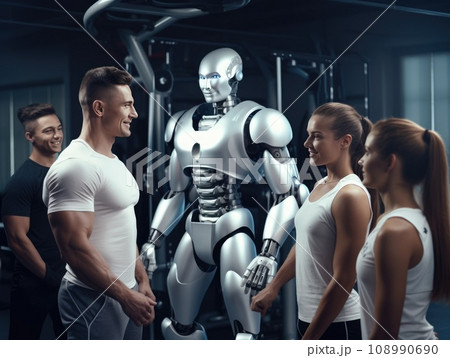 Smiling male and female athletes in sportswear standing near futuristic robot during training in modern gym 108990690