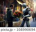 Side view of futuristic android robot selling bouquet of flowers to male customer in hoodie standing on street in city 108990694