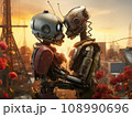 Side view of two romantic robots embracing and kissing near flowering plants against blurred city at sunset 108990696