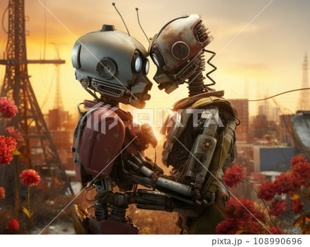 Side view of two romantic robots embracing and kissing near flowering plants against blurred city at sunset 108990696