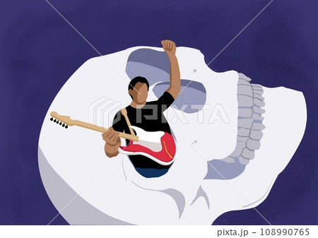 Guitar rocker man standing inside the eye of skull 108990765