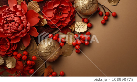 Paper craft peony flower and ornaments in red and gold colors, lunar new year Chinese new year background. Generative AI 108990778