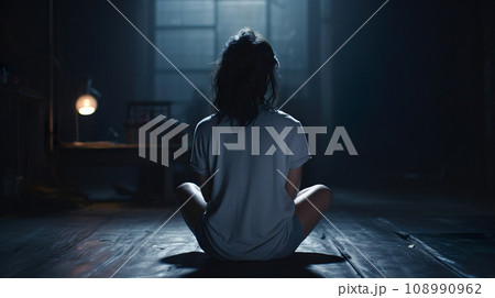 暗い部屋に座る孤独な女性の後ろ姿「AI生成画像」 108990962