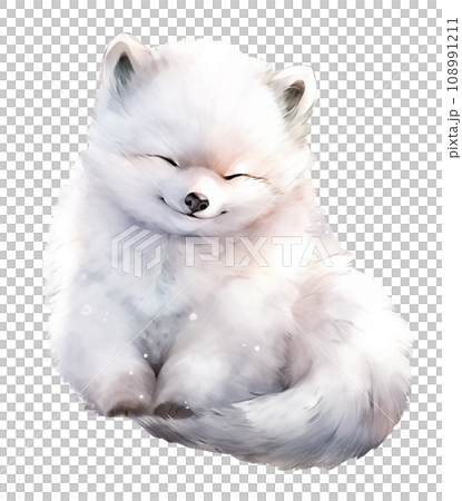 Cute arctic fox sitting. Hand drawn cartoon watercolor illustration 108991211