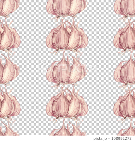 Cloves and head of garlic. Watercolor illustration. Seamless pattern for your design Cloves and head of garlic. Watercolor illustration. Seamless pattern for your design 108991272