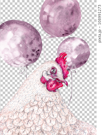 Chicken and balloons. Holiday watercolor cartoon character illustration Chicken and balloons. Holiday watercolor cartoon character illustration 108991273