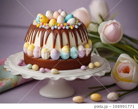 Easter cake on a stand with flowers 108991771