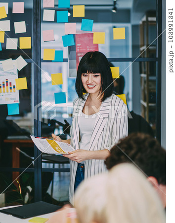 young woman making briefing on business meeting 108991841