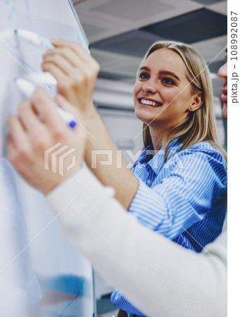 Collaboration of teacher and young man near white board during workshop 108992087