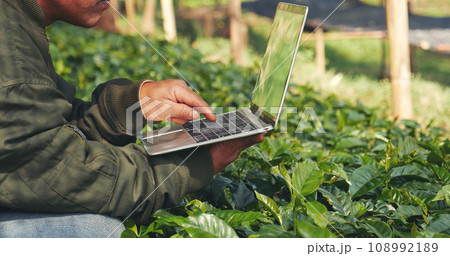 Smart farmer holding smartphone in eco green farm sustainable quality control. Close up Hand control planting tree. Farmer hands cultivated fresh garden in eco biotechnology. Farmland technology Smart farmer holding smartphone in eco green farm sustainable quality control. Close up Hand control planting tree. Farmer hands cultivated fresh garden in eco biotechnology. Farmland technology 108992189