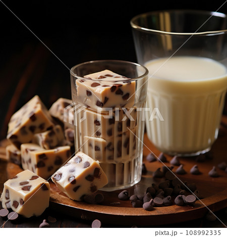 Milk and chocolate. Half a glass of milk and chocolate dessert on a dark background. 108992335