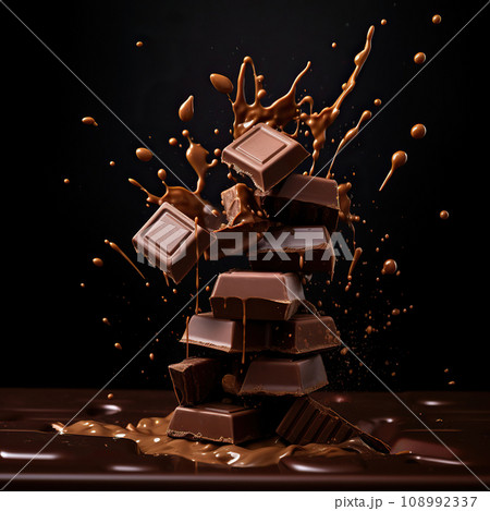 A splash of milk chocolate. Chocolate falling down on black background studio shot. Chocolate background. 108992337