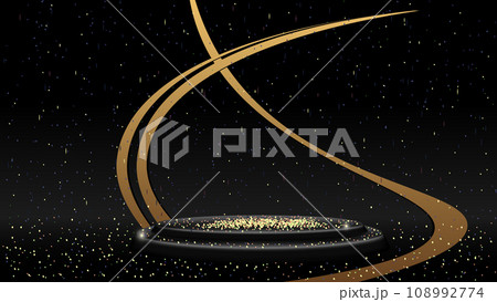 Empty pedestal with sequins and curved shapes on black background. For header or banner. Vector. 108992774