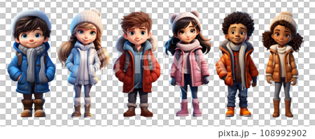 Cute Cartoon Realistic Happy Children Dressed in Winter Clothes Characters Set 108992902
