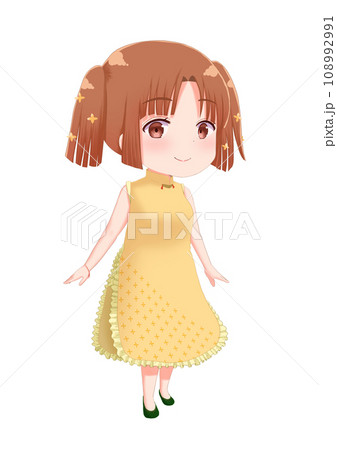 黄色いチャイナドレス風のワンピースを着た女の子のイラスト 黄色いチャイナドレス風のワンピースを着た女の子のイラスト 108992991