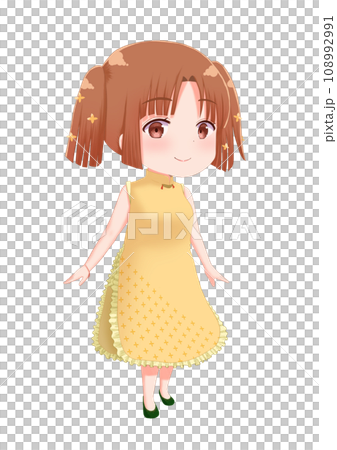 黄色いチャイナドレス風のワンピースを着た女の子のイラスト 黄色いチャイナドレス風のワンピースを着た女の子のイラスト 108992991