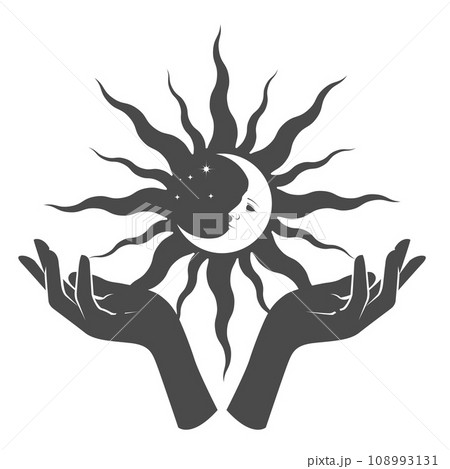 Woman hands hold black sun with moon inside on palms, occultism and mysticism, magic spells and witchcraft, vector Woman hands hold black sun with moon inside on palms, occultism and mysticism, magic spells and witchcraft, vector 108993131