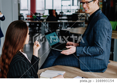 Crew of prosperous skilled male and female office workers having discussion about project, Crew of prosperous skilled male and female office workers having discussion about project, 108993154