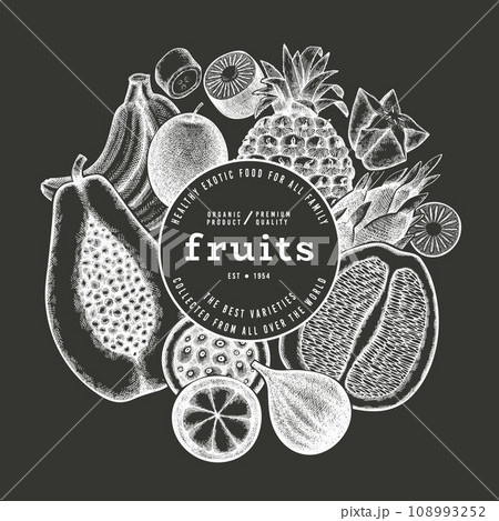 Tropical Fruit Design Template. Vector Hand Drawn Exotic Fruit Chalk Board llustration. Vintage Style Menu Illustration. 108993252