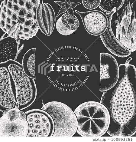 Tropical Fruit Design Template. Vector Hand Drawn Exotic Fruit Chalk Board llustration. Vintage Style Menu Illustration. Tropical Fruit Design Template. Vector Hand Drawn Exotic Fruit Chalk Board llustration. Vintage Style Menu Illustration. 108993261