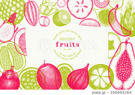 Tropical Fruit Design Template. Vector Hand Drawn Exotic Fruit Banner. Vintage Style Menu Illustration. 108993264