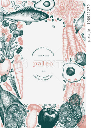 Paleo Diet Design Template. Vector Hand Drawn Healthy Food Banner. Vintage Style Menu Illustration. 108993279