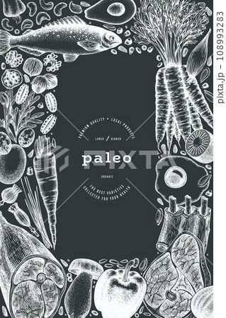 Paleo Diet Chalk Board Design Template. Vector Hand Drawn Healthy Food Banner. Vintage Style Menu Illustration. 108993283